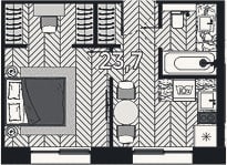 Планировка: 1-к, 23,7 м²