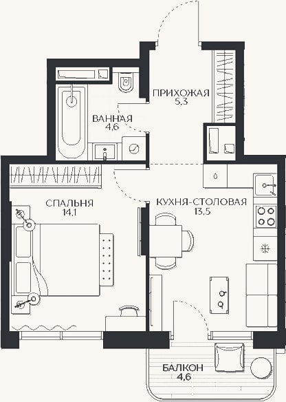 Планировка: 1-к, 40,7 м²