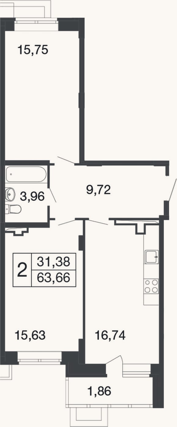 Планировка: 2-к, 61,8 м²