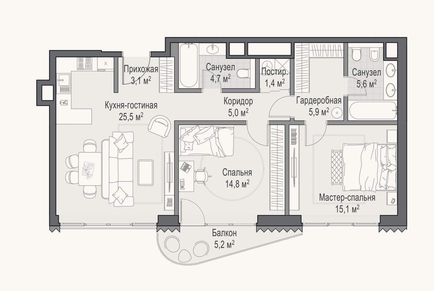 Планировка: 3-к, 81,4 м²