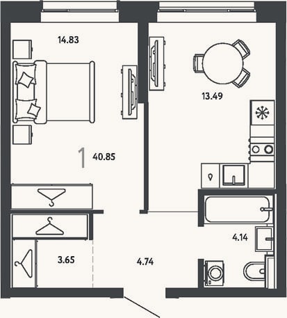 Планировка: 1-к, 40,9 м²