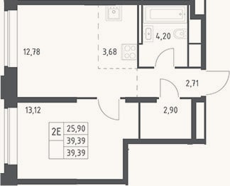 Планировка: 2-к, 39,4 м²