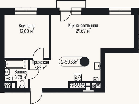 Планировка: 2-к, 50,3 м²