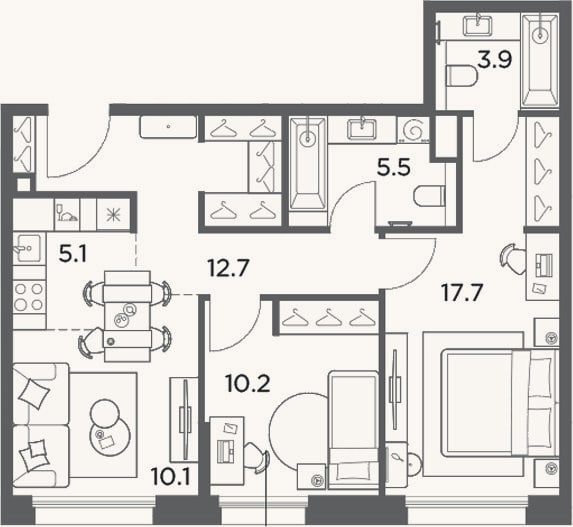 Планировка: 3-к, 65,2 м²