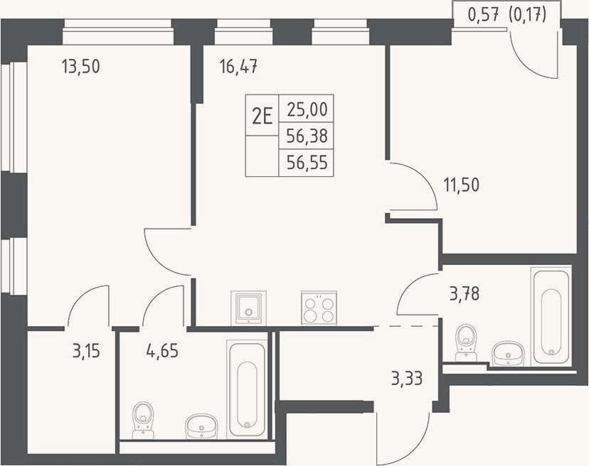 Планировка: 3-к, 56,4 м²
