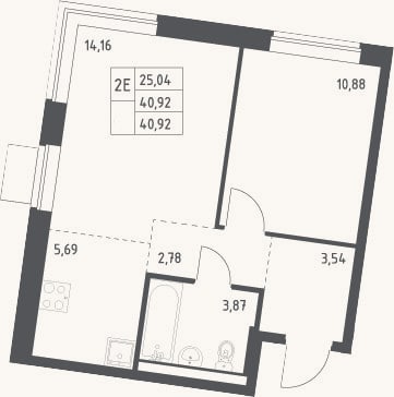 Планировка: 2-к, 40,9 м²
