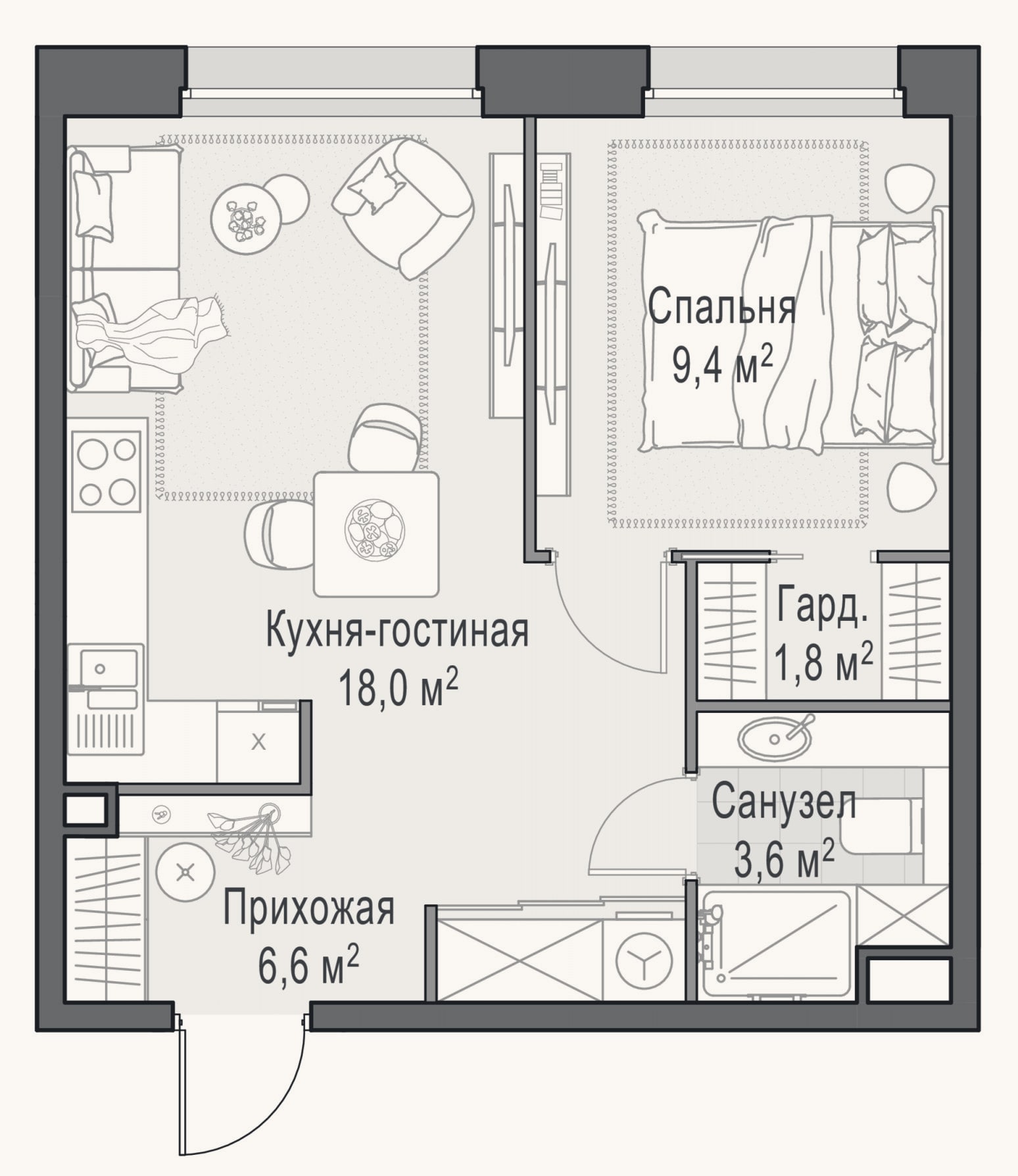 Планировка: 2-к, 39,3 м²