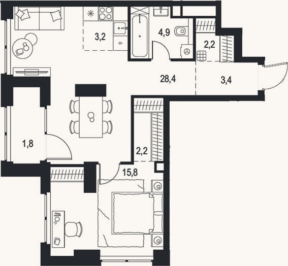 Планировка: 2-к, 60,1 м²