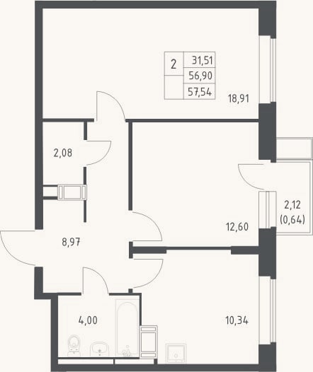 Планировка: 2-к, 56,9 м²