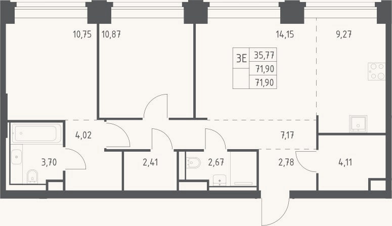 Планировка: 3-к, 71,9 м²