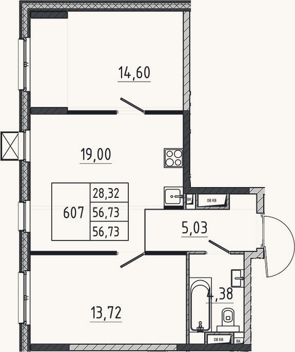 Планировка: 3-к, 56,7 м²