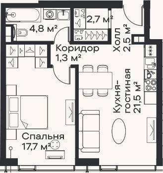 Планировка: 2-к, 50,5 м²