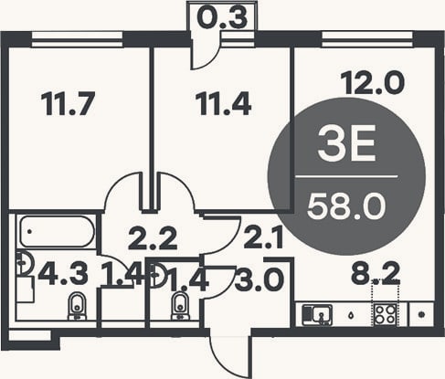 Планировка: 3-к, 57,7 м²