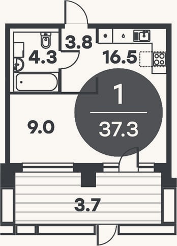 Планировка: 1-к, 33,6 м²