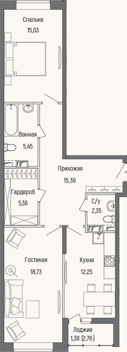 Планировка: 2-к, 73,2 м²