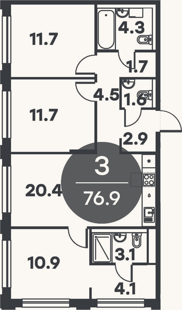 Планировка: 3-к, 76,9 м²