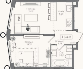 Планировка: 2-к, 44 м²