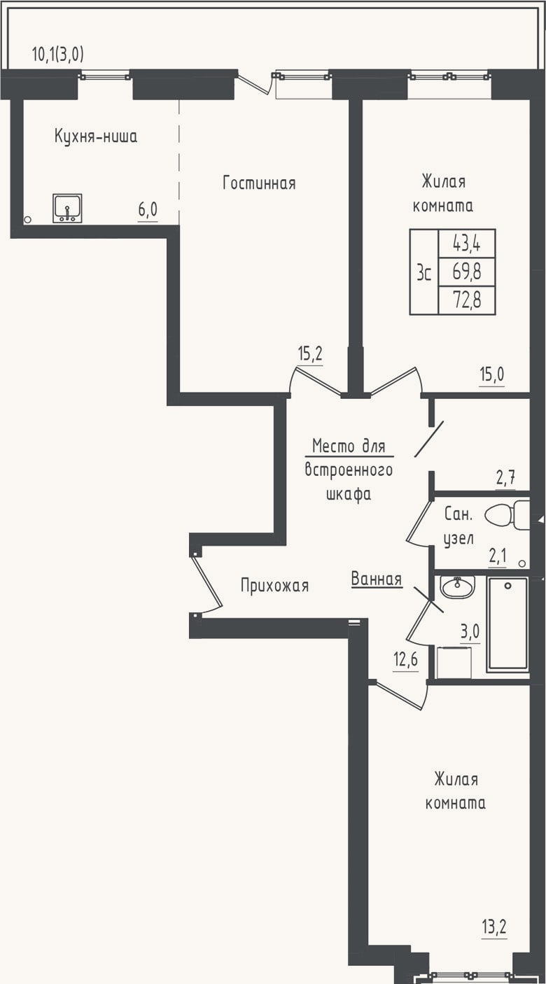 Планировка: 2-к, 69,8 м²
