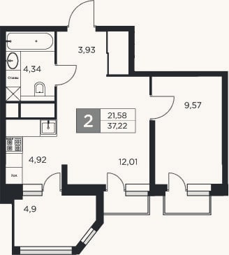 Планировка: 2-к, 34,8 м²