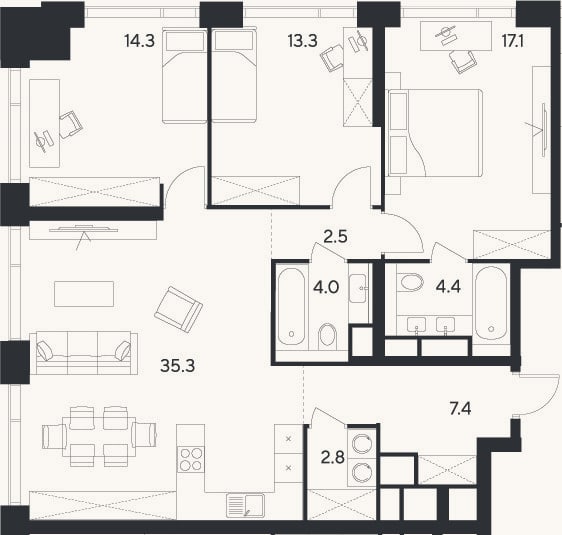 Планировка: 4+ к, 101,1 м²