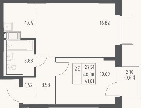 Планировка: 2-к, 40,4 м²