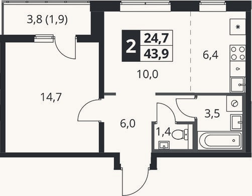 Планировка: 2-к, 42 м²