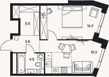 Планировка: 1-к, 45,4 м²