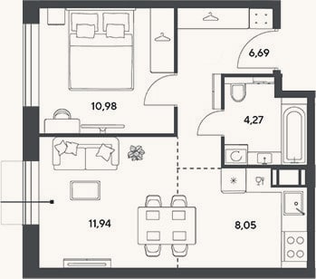 Планировка: 2-к, 41,9 м²
