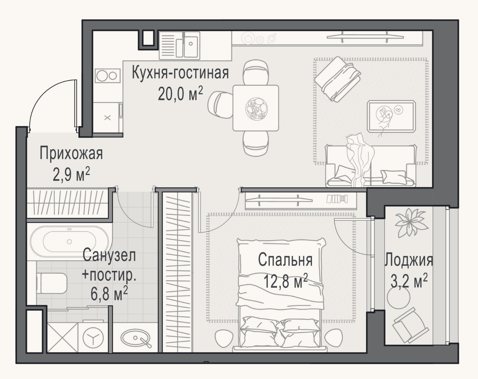 Планировка: 2-к, 42,2 м²