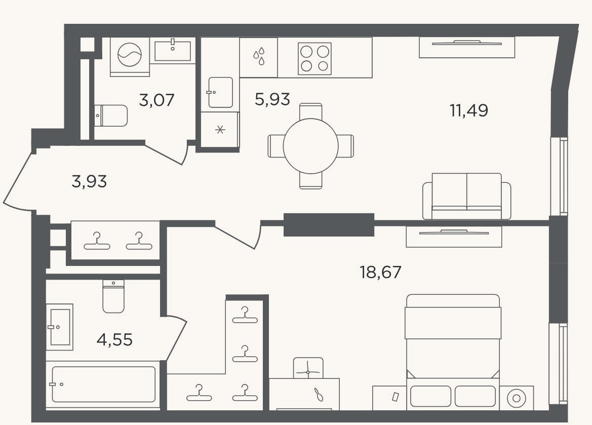 Планировка: 2-к, 47,6 м²