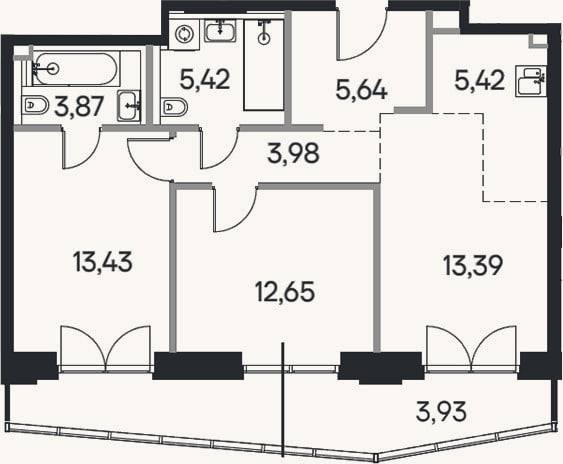 Планировка: 3-к, 65,4 м²
