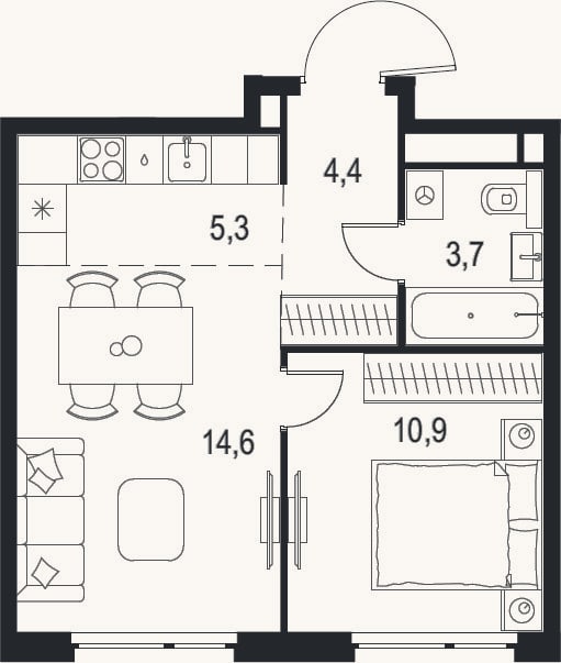 Планировка: 2-к, 39 м²