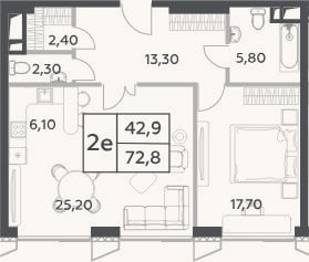 Планировка: 2-к, 72,8 м²