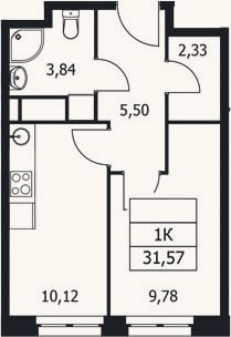 Планировка: 1-к, 31,6 м²