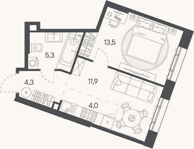 Планировка: 2-к, 39 м²