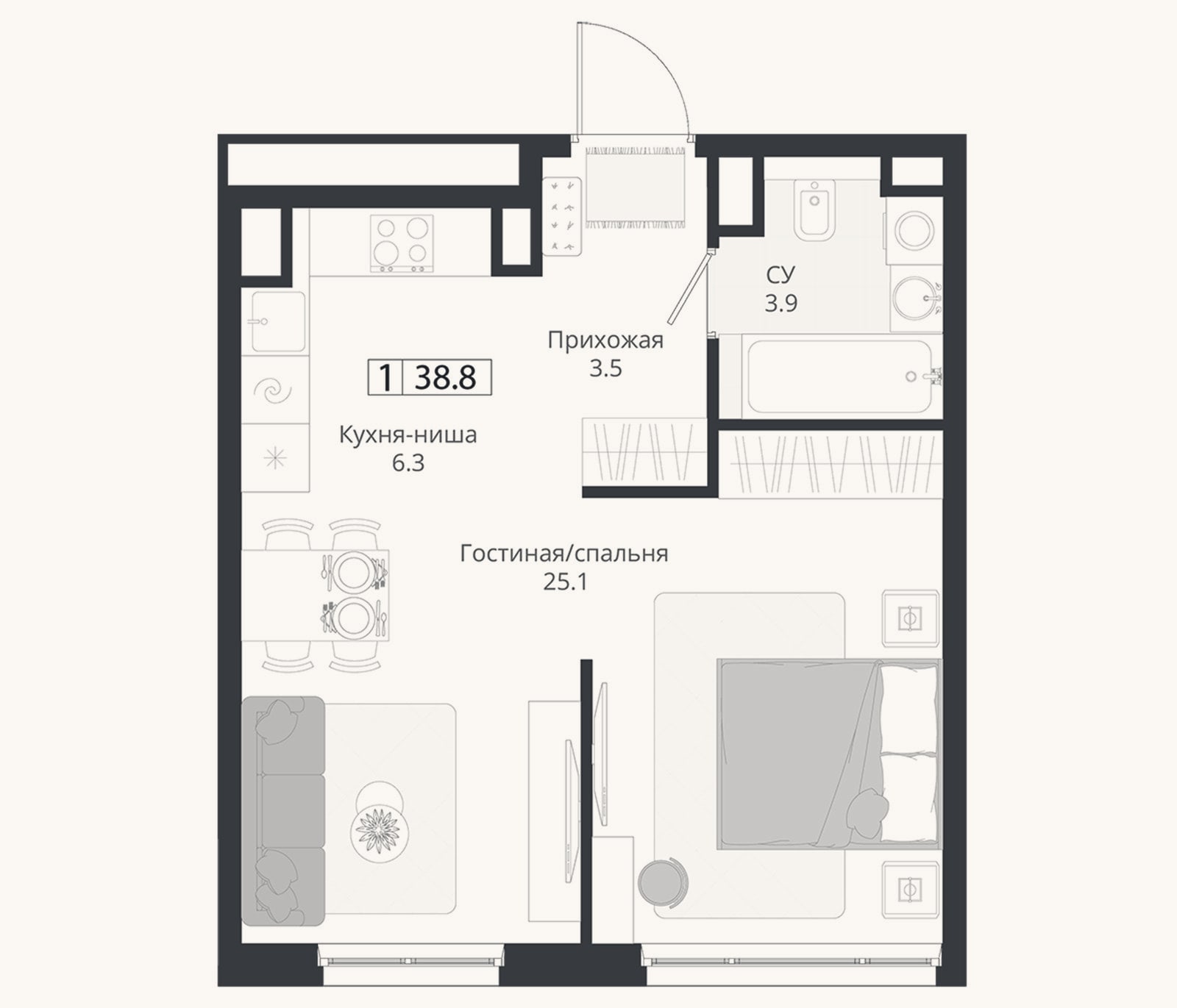 Планировка: Студия, 38,8 м²