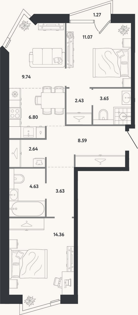 Планировка: 2-к, 67,5 м²