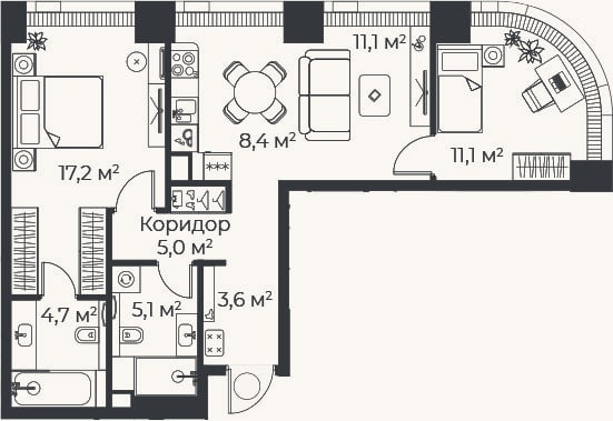 Планировка: 3-к, 66,3 м²