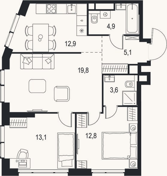 Планировка: 3-к, 72,2 м²