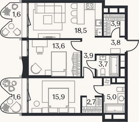 Планировка: 3-к, 71 м²