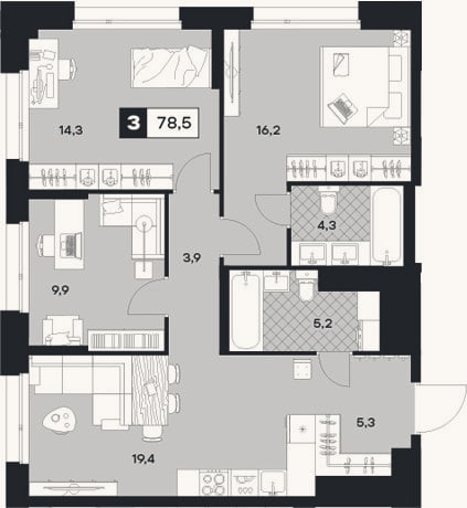 Планировка: 3-к, 78,5 м²