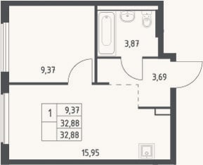 Планировка: 2-к, 32,9 м²