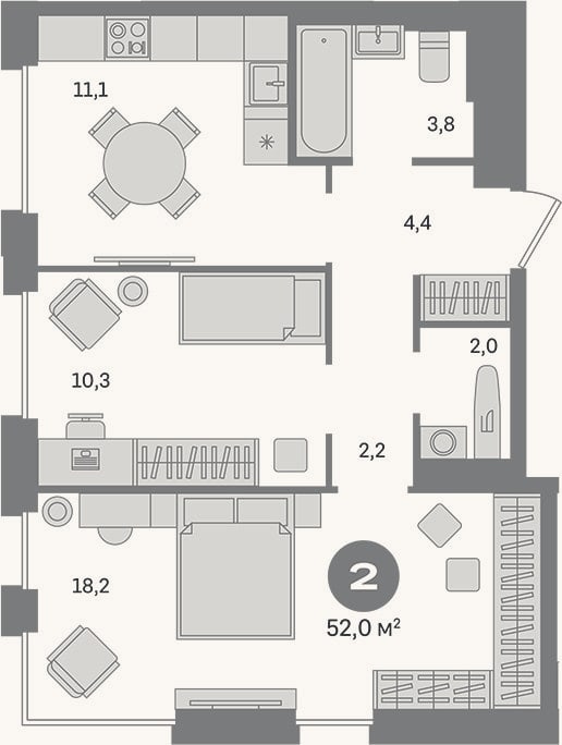 Планировка: 2-к, 52 м²
