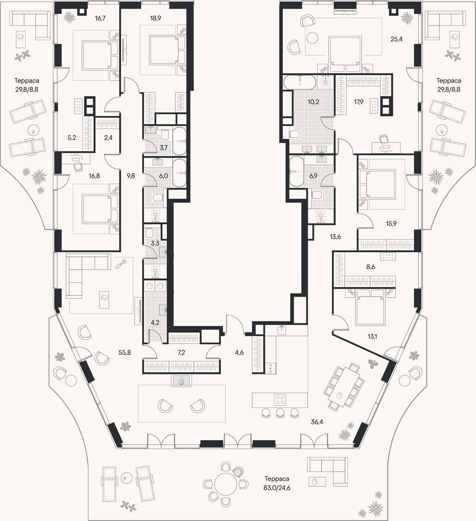 Планировка: 4+ к, 302,8 м²
