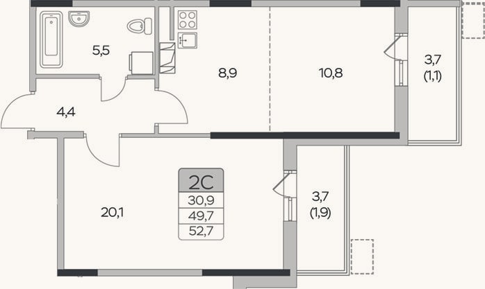 Планировка: 1-к, 49,7 м²