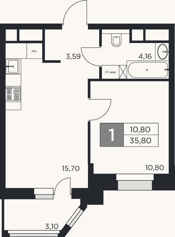 Планировка: 2-к, 34,3 м²