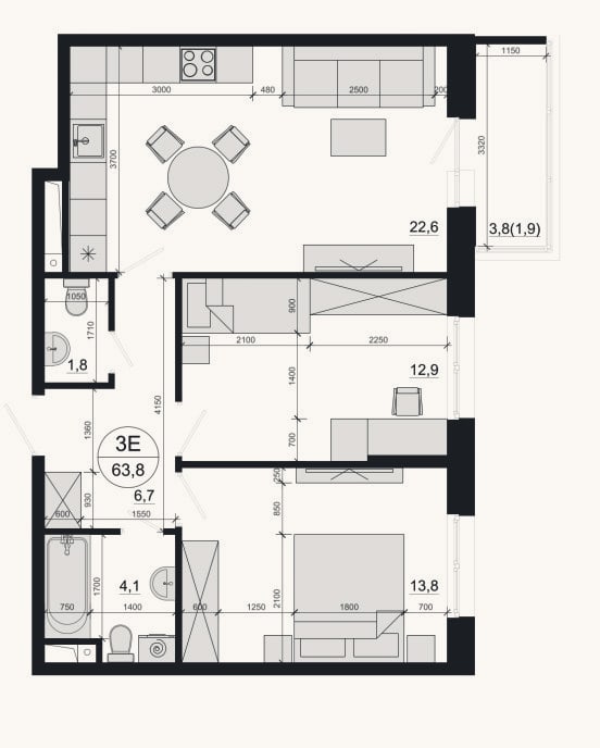 Планировка: 3-к, 61,9 м²