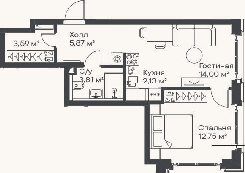 Планировка: 2-к, 42,2 м²