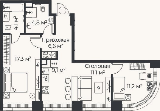 Планировка: 3-к, 64,2 м²