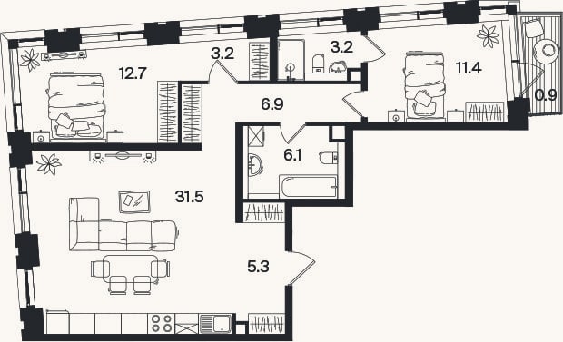 Планировка: 3-к, 80,3 м²